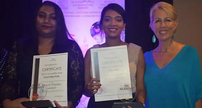 From left: Shivani Naidu, Anita Wati with Fiji Excellence in Tourism Awards (FETA) – Board of Trustees chair and Spa Academy principal, Debra Sadranu on Saturday night. Photo: Waisea Nasokia