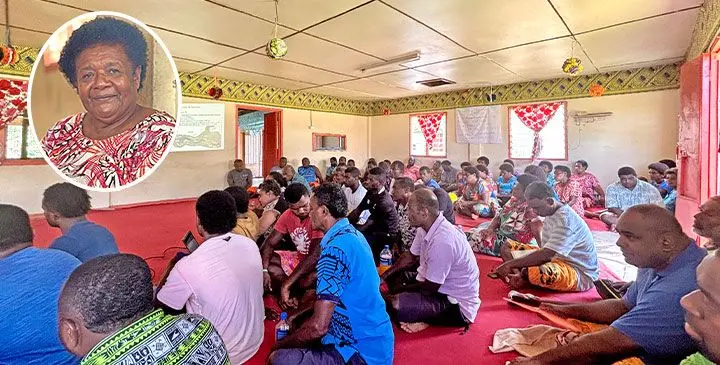 Consultation programme in Navunikabi Village with landowners expressing their dissatisfaction for a feasibility study and the prospect of a hydro dam by EFL in their river. Inset: Landowner Mareta Naiadi