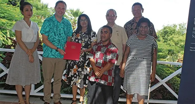 From left Talei Lange, British Deputy High Commissioner Dave Jones,Fiji Paralympic Committee President Shaenaz Voss,Fiji National Sports Commission Excutive Chairman Peter Mazey,Senior Paralympics Development Officer Albert Miller with para-atheletes Iosefo Rakesa and Ruci Senikula after the round table meeting at the British High Commissioners residence Suva on February 8,2019.Photo:Simione Haravanua.