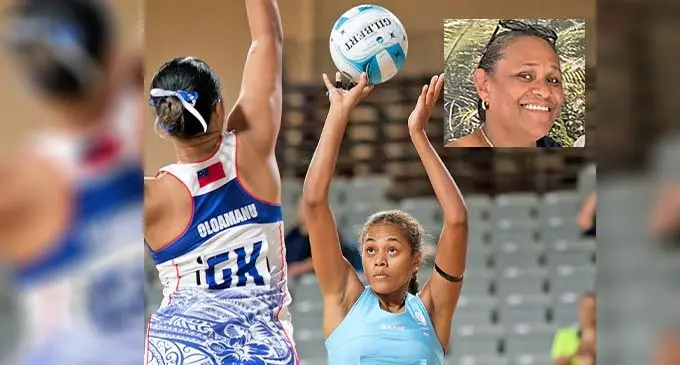 Fiji Pearls goal shooter Nina Nakula takes a shot during their PacificAus Sports series opener against Samoa at the Nissan Arena, Brisbane, Australia, on February 17, 2025. Photo: Graeme Thomas Photograph INSERT: Vasiti Vugakoto