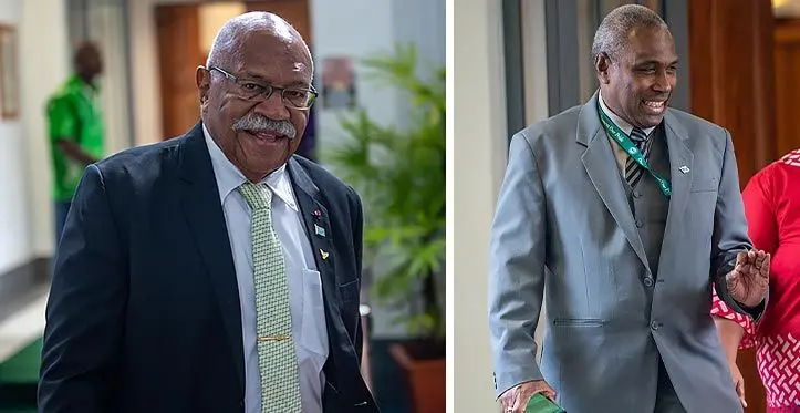 Prime Minister Sitiveni Rabuka and  A-G Siromi Turaga outside Parliament on March 27, 2023. Photo: Leon Lord