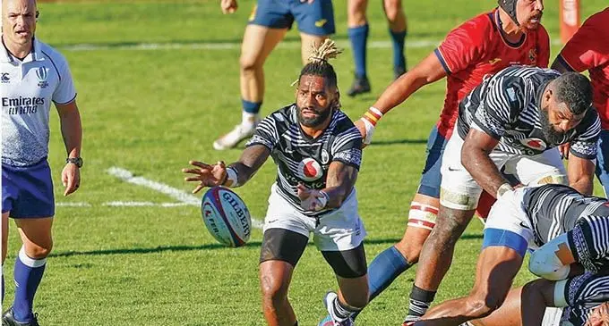 Veteran Flying Fijians halfback Nikola Matawalu delivers the ball during their Test clash against Spain in Madrid on November 6, 2021.  Fiji won 43-13. Matawalu is expected to make the Match 23 squad against Wales this weekend. Photo: Ian Muir