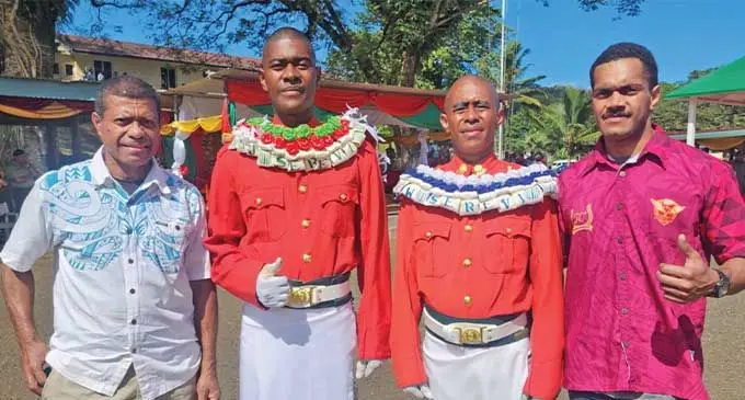 From left: Proud dad Navitalai Serevi with sons, Joeli Serevi, Waisele Serevi and Sekove Serevi after the passing out parade at the Force Training Group Drill Square in Nasinu on July 19, 2024