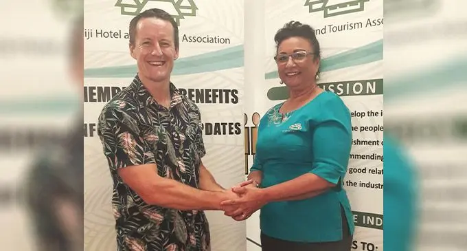 From left: New Zealand High Commission, Trade Commissioner, Pacific David Dewar with Fiji Hotel and Tourism Association (FHTA) chief executive officer Fantasha Lockington. Photo: FHTA