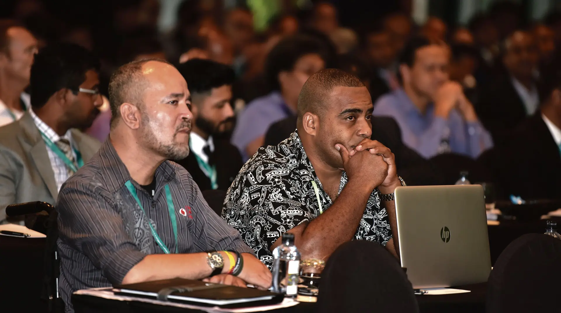 Joshko Wakaniyasi (left), the president of the Fiji Disabled People’s Federation and founding member of the Spinal Injuries Association during the 19th Attorney-General’s Conference at the InterContinental Fiji Golf Resort and Spa in Natadola.  Photo: Office of the Attorney-General