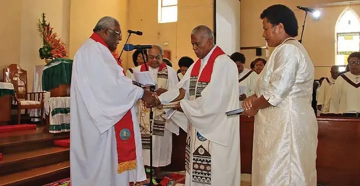 Outgoing Methodist Church in Fiji and Rotuma president Reverend Ili Vunisuwai (front, left), with president-elect Reverend Dr Semisi Turagavou during service to celebrate the newly elected church leaders at the Centenary Church in Suva on September 3, 2023. Photo: Methodist Church in Fiji and Rotuma