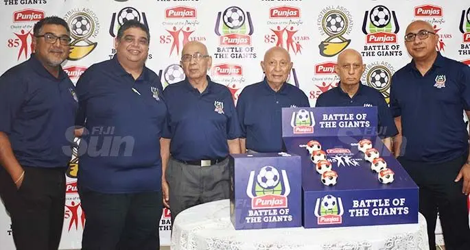 From left: Punjas Group of Companies director Parvesh Punja, Fiji FA president Rajesh Patel, Nitin Punja, Kanti Punja, chairman Jagjiwan Punja, and director Rajesh Punja during the launch of the Battle of the Giants tournament at Punjas Ocean Soaps Pte Limited in Navutu, Lautoka on July 24, 2020. Photo: Waisea Nasokia