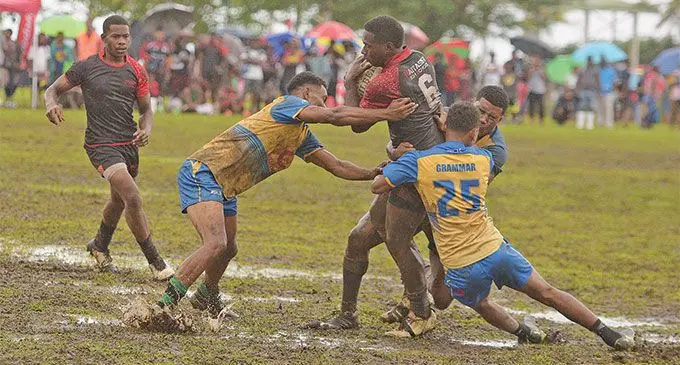 Suva Grammar School Under-19 players defend against Naitasiri High School in their Southern Zone clash of the Vodafone Deans Trophy clash at the Suva Grammar School ground on September 3, 2022. Photo: Ronald Kumar