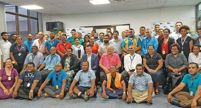  Seated second from left, Fiji Airports chief executive officer, Rowan Chalmers, and the Deputy Prime Minister and Minister for Civil Aviation, Viliame Gavoka, with Fiji Airports staff on February 21,2023. Photo: Salote Qalubau 
