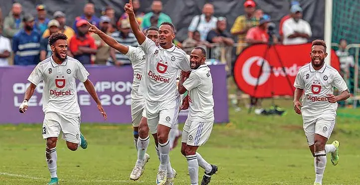 Container Haulage PTE Limited/ Extra Supermarket/ All Freight Logistics Suva defender Simione Nabenu celebrates his goal with Meli Codro during the OFC Champions League in Port Vila, Vanuatu. On the left is Azaraiah Soromon and Marlon Tahioa. Photo: OFC Media