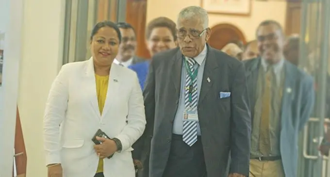 From left: Minister for Local Government Premila Kumar with newly elelcted Opposition leader Ratu Naiqama Lalabalavu followed by Minister for Youth and Sports Praveen Bala and Minister for Women Meresaini Vuniwaqa outside Parliament on December 8, 2020. Photo: Ronald Kumar