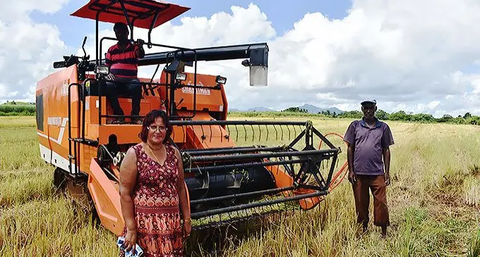 Shakuntala Devi and operations manager Arvin Singh (seated on the harvester), with Davendra Singh at their rice farm in Sabeto in Nadi. Photo: Mereleki Nai 