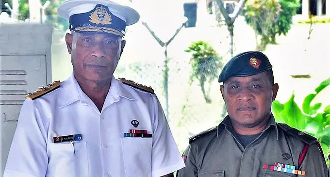 The Republic of Fiji Military Forces Commander Rear Admiral Viliame Naupoto with Major Monty Naulumatua.  Photo: RFMF Media Cell