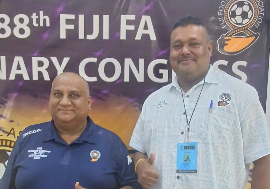 Newly elected Fiji Football Association Vice-President Sundeep Roy (left) on September 4, 2026. Photo: Waisea Nasokia.