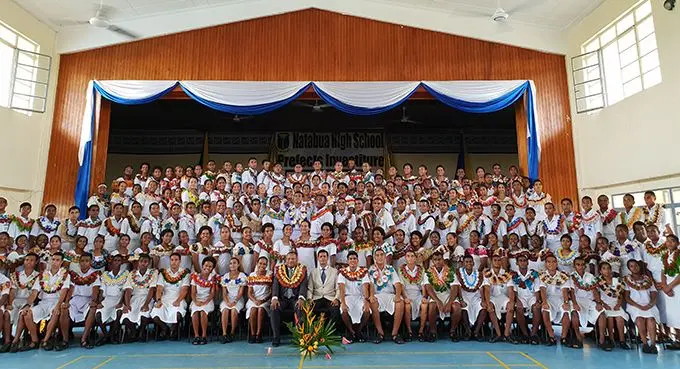 The Minister for Defence, National Security and Foreign Affairs, Inia Seruiratu with the 179 school prefects of Natabua High School during the school's prefects investiture ceremony on February 22. Photo: Nicolette Chambers 