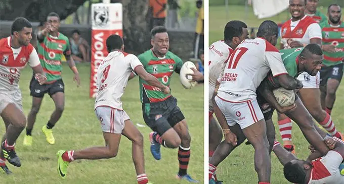 Action between Premier Logging Ravoravo Rabbitohs and HBK Lami Steelers defenders during round two of the FNRL Trophy at Nadovu Park in Lautoka on February 23, 2019. Photo: Waisea Nasokia