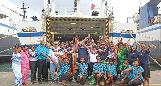 Goundar Shipping Limited owner George Goundar (fourth from left) with his staff welcome the arrival of the Lomaiviti Princess VII at Port Mua-i-Walu in Suva on May 14, 2019. Photos: Wati Talebula