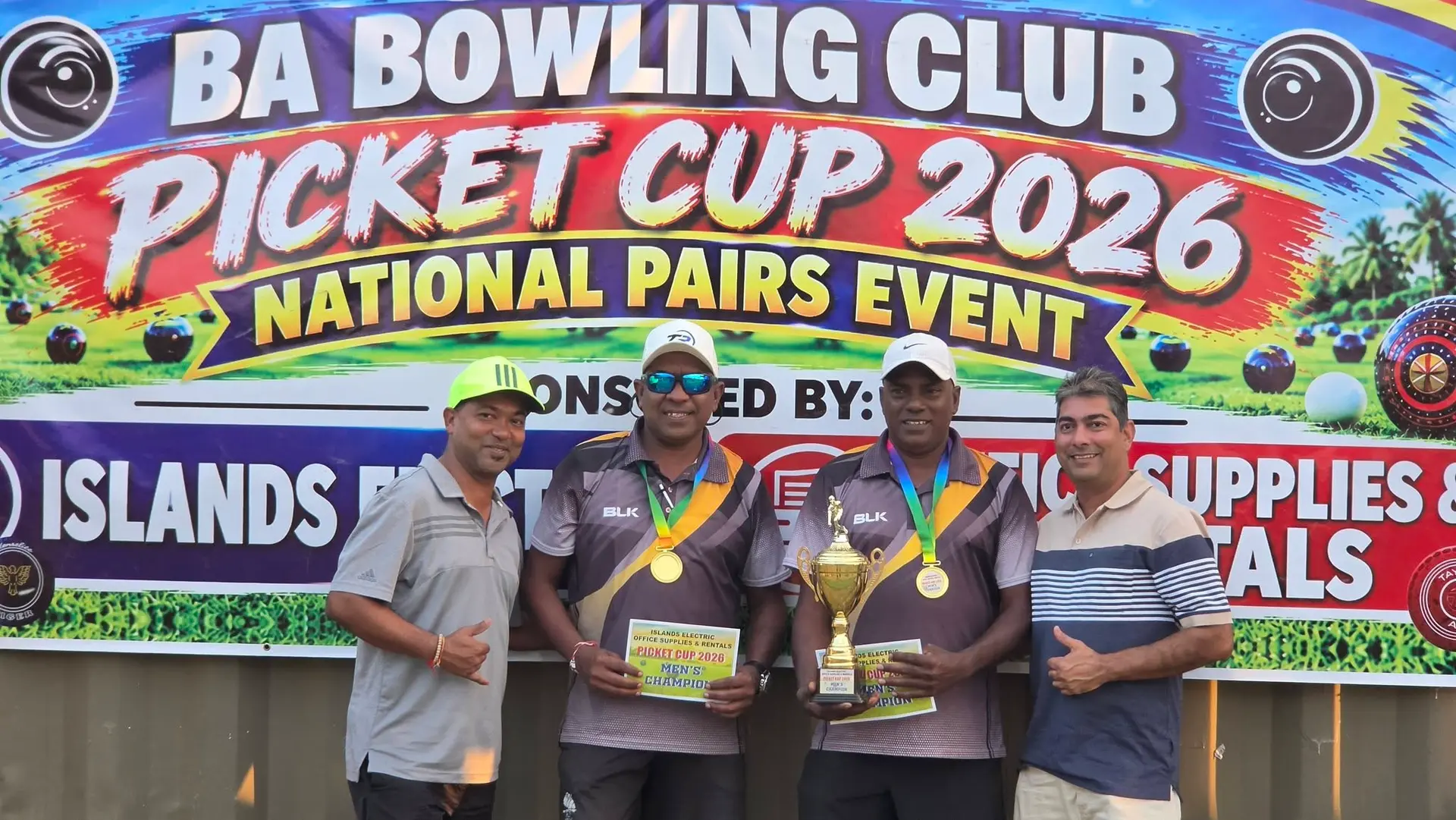 Sheraton A men’s and women’s bowlers crowned champions at the Islands Electric/Office Supplies and Rentals sponsored Pickett Cup tournament. From left-right: Kushal Pillay, Shekar Mar, Rajinesh Raju, Lorettta Kotoisuva, at the Nadi Sports and Social Club on September 13, 2026.