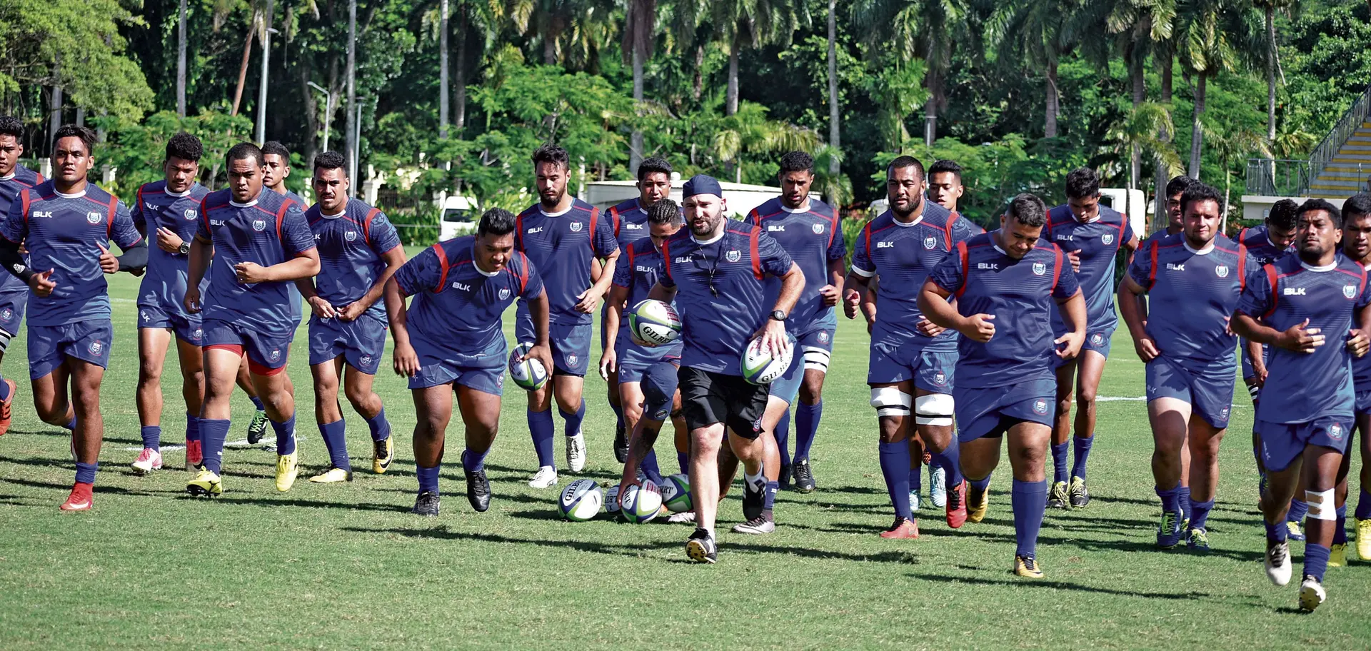 Samoa A technical coach Zane Hilton (middle-with cap) leads the side during team training at Albert Park on March 07, 2018. Photo: Ronald Kumar.