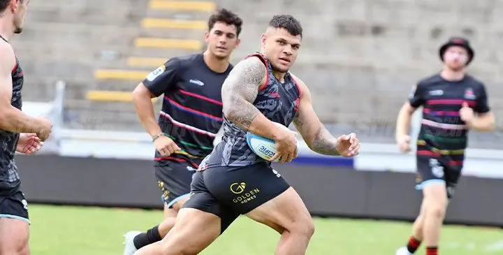 Crusaders centre Levi Aumua (with ball) during the Captain’s run with Will Jordan (left) and Noah Hotham at Suva’s HFC Bank Stadium in April 4, 2025. Photo: Ronald Kumar