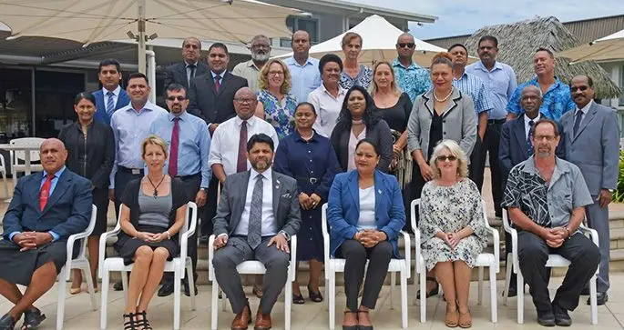 Front row from left- Suva and Lami Special Administrator Chair Isikeli Tikoduadua, Nadi and Sigatoka Special Administrators Chair, Debra Sadranu, Attorney-General and Minister for Economy Aiyaz Sayed-Khaiyum, with Minister for Local Government Premila Kumar and Permanent Secretary Dimity Fifer and Rakiraki and Tavua Special Administrators Chair, Mark Hirst with special administarors during the welcome reception for Special Administrators at Holiday Inn on October 23, 2019.