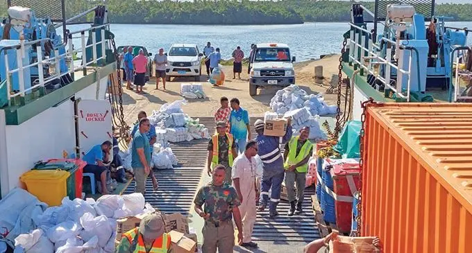 Republic of Fiji Military Forces (RFMF) team during the ration distribution at Tubou jetty in Lakeba, Lau on January 24, 2022. Photo: Wati Talebula-Nuku
