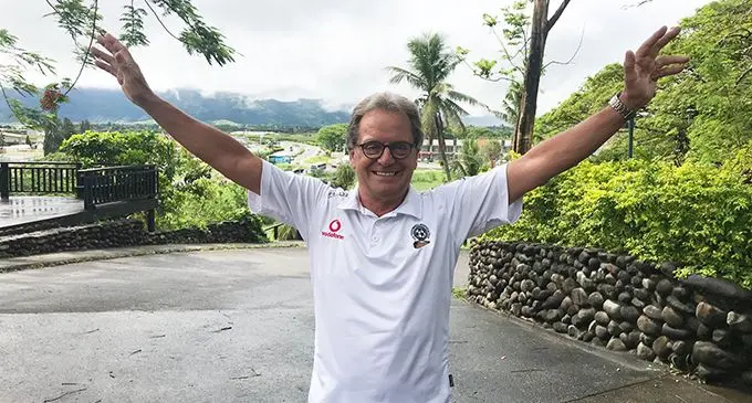 Vodafone Fijian football coach Flemming Serritslev celebrates at the Tanoa Apartments in Nadi on May 5, 2020. Photo: Waisea Nasokia 