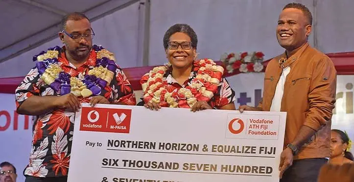 From Left: Vodafone Festival of the Friendly North committte president Mohammed Rizwaan, Vodafone Fiji Limited chief executive officer Elenoa Biukoto with Northern Charity Alliance project manager Tevita Tokalauvere during the cheque hand over at Subrail Park in Labasa on September 9, 2023. Photo: Shratika Naidu
