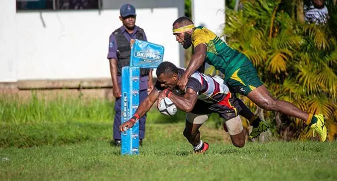 Naitasiri’s Saula Naicori touches down during their Skipper Cup match against Tailevu at the Nakelo District School grounds on 8 April 2022. Photo- Leon Lord 