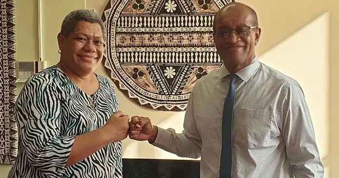 Newly-appointed Permanent Secretary for the Ministry of Lands and Mineral Resources, Raijeli Taga, welcomed by Minister Jone Usamate in Suva on June 4, 2020.