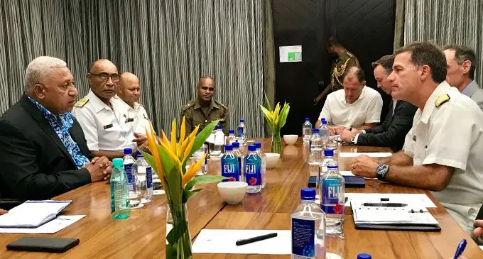 From left; Prime Minister Voreqe Bainimarama,  Republic of Fiji Military Forces Commander Rear Admiral Viliame Naupoto, RFMF acting Chief of Staff Captain (Navy) John Fox hold discussions with the Commander of the United States Pacific Fleet based in Hawaii, Admiral John Aquilino (right, close to camera) and his team at the Marriot Momi Bay Resort on May 2, 2019. Photo: Mereleki Nai