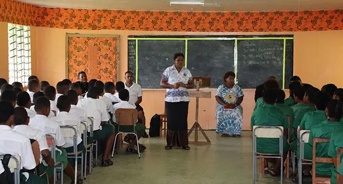 Fiji Police Force’s Unaisi Mateiwai with students of Gau Secondary School on February 15, 2023. Photo: Josefa Babitu