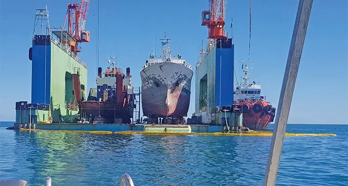 The new FT floating dock in Lautoka owned by Chacal Maritime Engineering Pte Ltd. Early this month a total of eight vessels had been docked. Currently two vessels are being docked, is a barge and a Taiwanese fishing vessel. Photo: Rufus D’cruz.