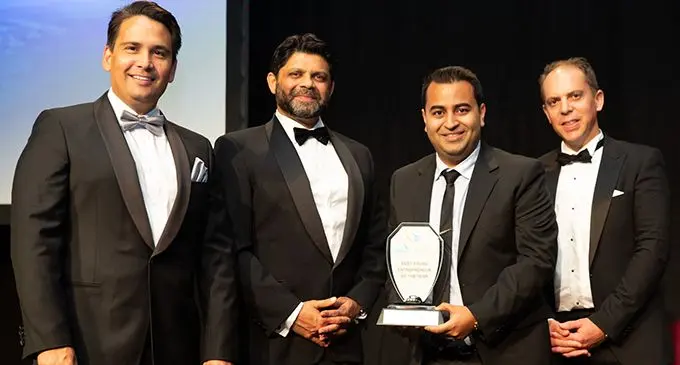 From left: New Zealand Leader of the Opposition Simon Bridges, Attorney-General and Minister for Economy Aiyaz Sayed-Khaiyum, Best Young Entrepreneur of the Year award winner Satyan Mehra and Manager of Trade & Investment of the Fiji Trade Commission to New Zealand Peter Rudd during the Twelfth Annual Indian Newslink Indian Business Awards on Monday, November 25, 2019. It was held at SkyCity Convention Centre in Auckland, New Zealand. 