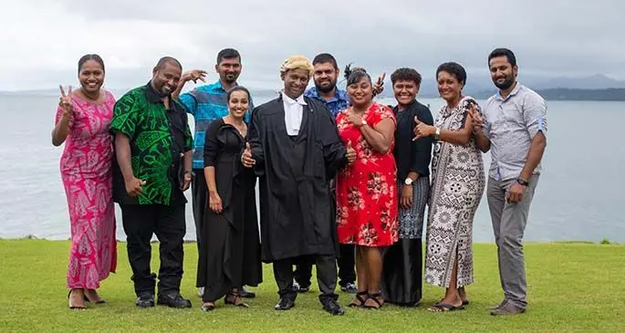 Yogendra Kumar with his wife and the staff of the Indian High Commission on April 9, 2021.