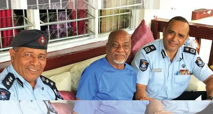 From left: Divisional Police Commander South SSP Tevita Waqabaca, Nasole resident Indar Singh, and Commissioner of Police Brigadier-General Sitiveni Qiliho at Mr Singh’s residence in Nasole, Nasinu, on February 5, 2018. Photo: Police Media Cell