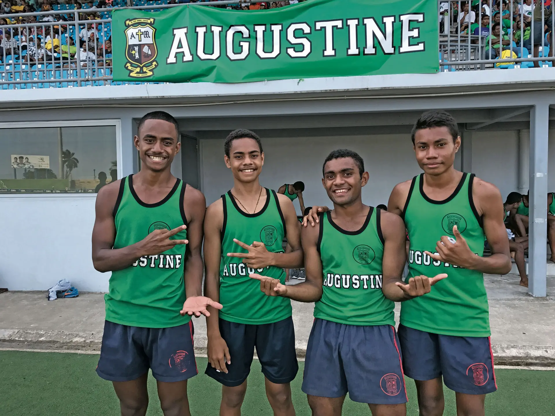 Augustine House junior boys members from left; Seru Seruvakula,Iowane Masala,Viasi Gukirewa,Robert Bernard after winning the 4x400m relay at the 2018 Marist Brothers High School inter-house in Suva on February 16, 2018. Photo: Anasilini Ratuva
