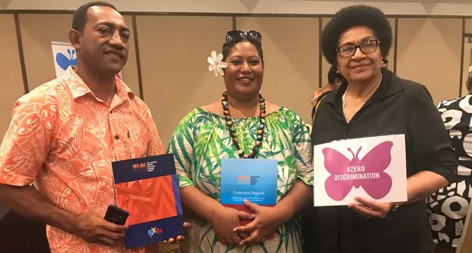 From left: Emosi Ratini, Jokapeci Cati and Fijian Parliament Speaker Dr Jiko Luveni at Holiday Inn on March 1, 2018. Photo: Nacanieli Tuilevuka