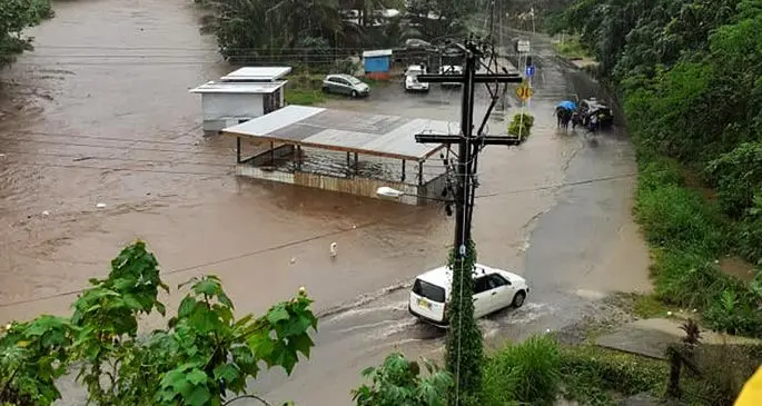 The Laqere River burst its banks on October 7, 2019, as heavy rain continued to affect the country. More rain is expected throughout the week. Photo: Facebook/Josateki Cama