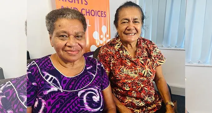 Retired midwives, Sister Litiana Ralulu (Purple outfit-left) and Sister Suliana Batikawai (Orange outfit- right) at the UNFPA office in Suva on May 4, 2022. Photo: Nolishma Narayan