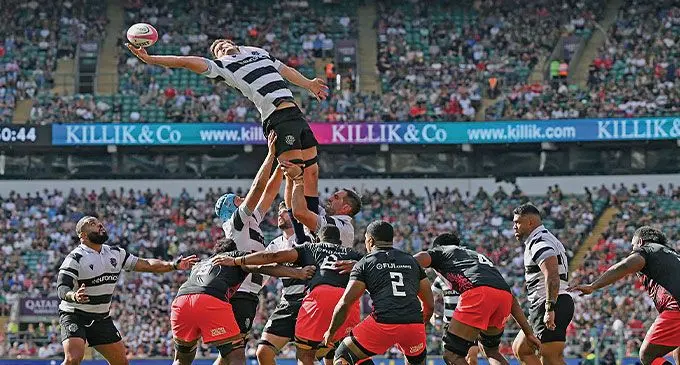 Barbarian's English flanker Zach Mercer wins a lineout against the Flying Fijians at Twickenham Stadium, London, on June 22, 2024. Photo: Glyn KIRK/ AFP