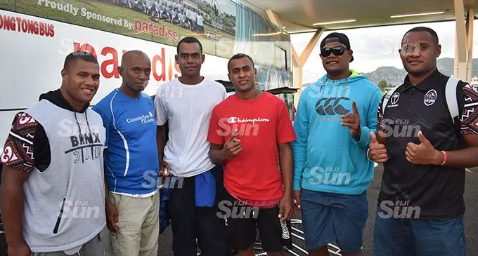 Members  of the Sigatoka River Safari Nadroga rugby team (left-right) Jone Koroiduadua, team supporter, Emitai Mavesi, Kaliova Mocetadra, Josaia Nacika, Semisi Nakokocava at Nadi International Airport on February 15, 2020. Photo: Waisea Nasokia.   