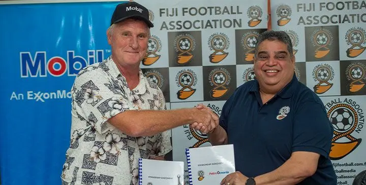 From left: Petro Oceania Energy Pte. Ltd chief executive officer James Marryatt and Fiji FA president Rajesh Patel during the sponsorship renewal announcement at the Fiji Football headquarters in Vatuwaqa on March 28, 2025. Photo: Leon Lord