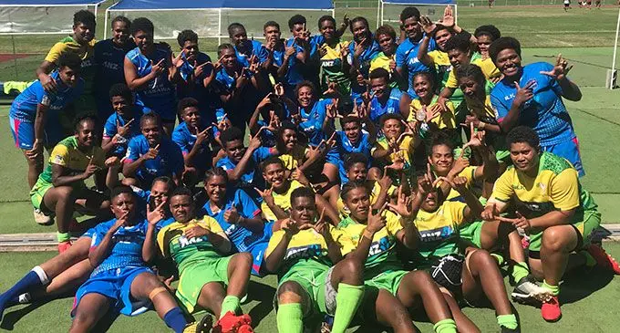 Yasawa and Lautoka rugby players gather for a photo session after their ANZ Marama Championship clash at Churchill Park, Lautoka, on April 23, 2022. Photo: Waisea Nasokia 