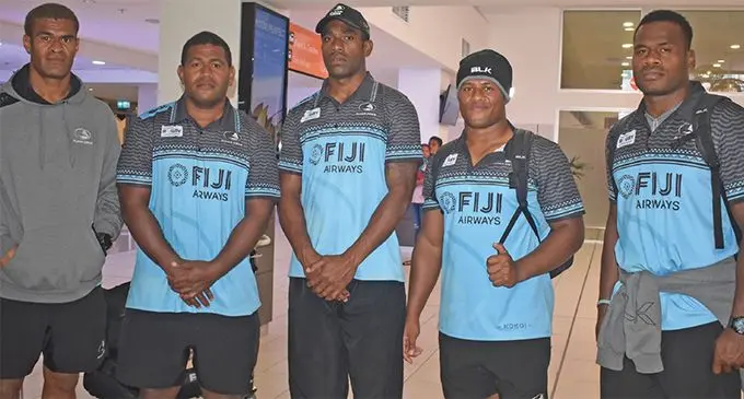 Members of the Fiji Airways Fijian Drua rugby team (from left) Enele Malele, Joeli Veitayaki, Nacanieli Narekuva, Jone Koroi and Poasa Waqanibau at the Nadi International Airport on October 5, 2019. They flew in from Melbourne, Australia, following their 40-36 come-from-behind win against Melbourne Rising on Saturday. Photo: Nicolette Chambers