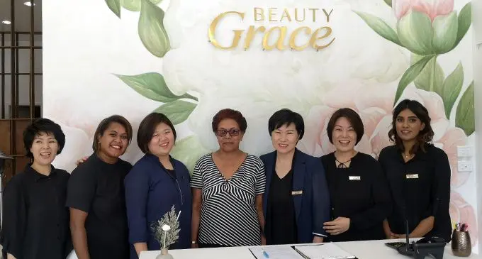Fourth from left: Frequent customer of Grace Salon,Vani Galibau with the Staff of Grace Salon at their newly opened hair salon at Flagstaff Plaza in Suva.  Photo: Laiseana Nasiga