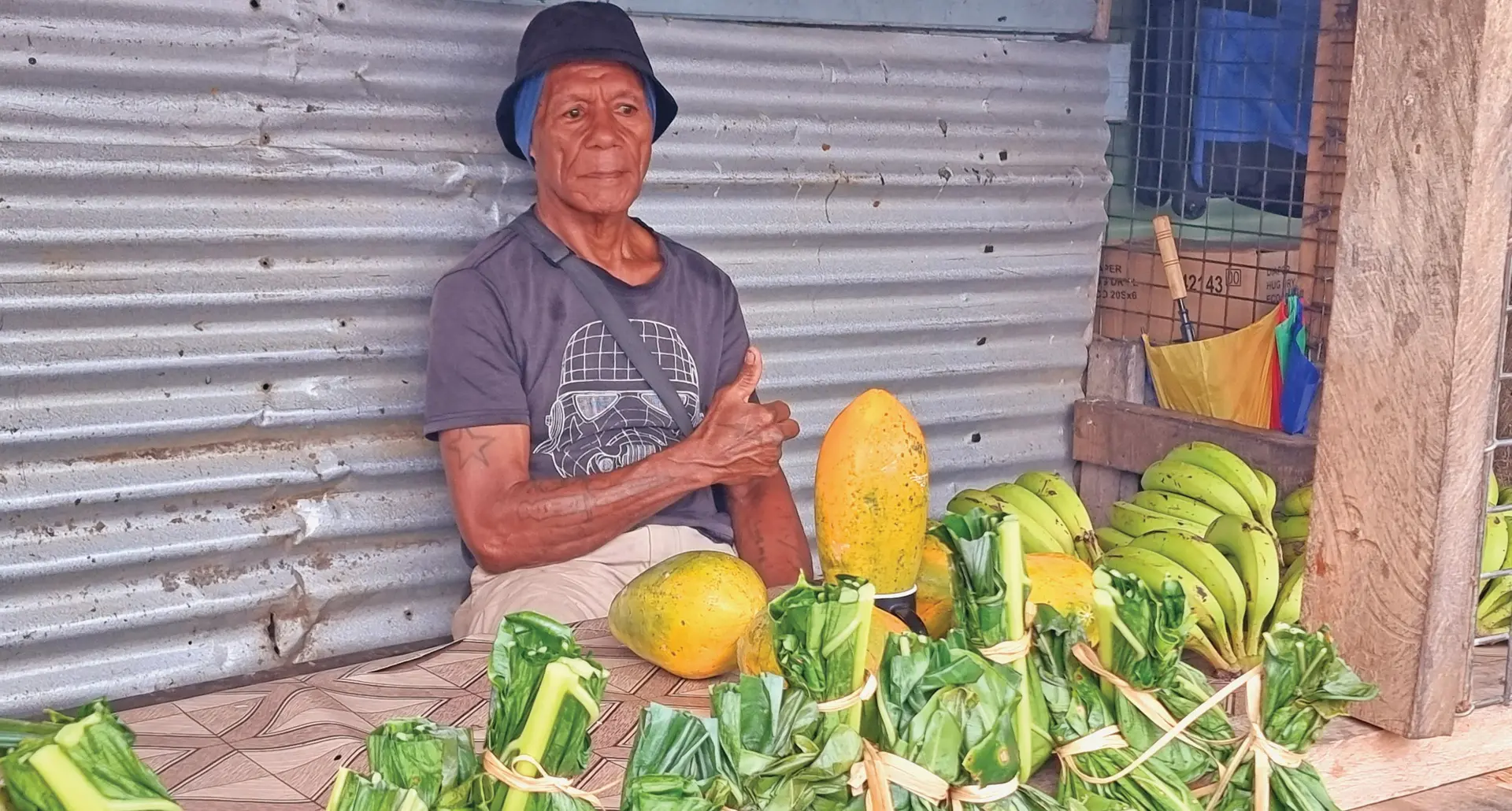 Naqara market vendor, Peniasi Saqaniliwalala, 70, in his stall at the Naqara Satellite Township (pictured right) in Taveuni on May 12, 2023. Photo: Sampras Anand