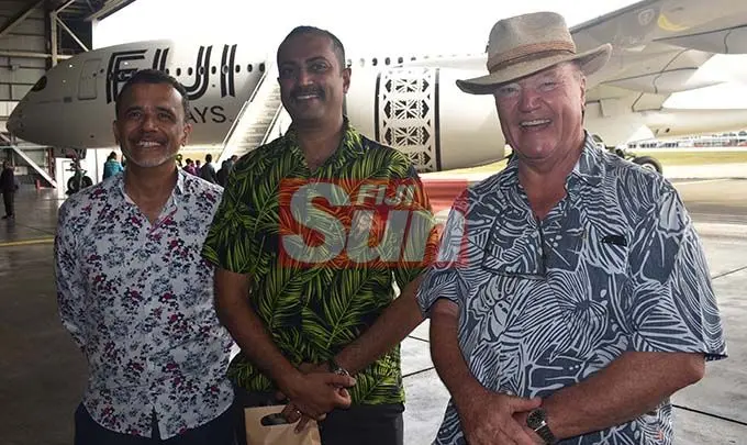 Rosie Holidays Group Managing Director Tony Whitton, Fiji Airports Limited acting CEO Faiz Khan and Chairman Geoffery Shaw at the Fiji Airways Airbus A350 Arrival Ceremony at the Nadi International Airport yesterday. Photo: WAISEA NASOKIA