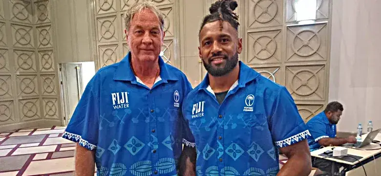 From left: Flying Fijians head coach Mick Byrne and captain, Waisea Nayacalevu, in Batumi, Georgia. Photo: FRU Media. 
