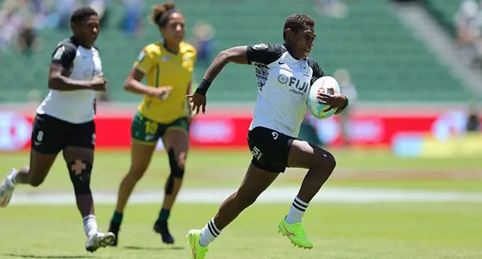 Fiji Airways Fijiana 7s halfback Reapi Ulunisau on the run against Brazil at the HBF Stadium in Perth, Western Australia, on January 26, 2024. Photo: World Rugby 